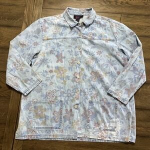 Denim & Co. Shirt Jacket Womens Size L Blue Floral Tropical Denim Button Up